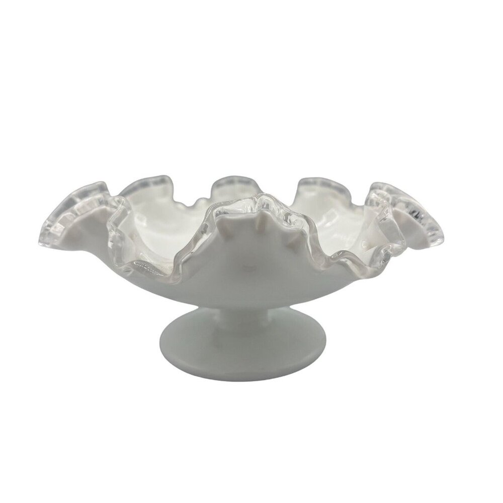 Vtg White Glass with Clear Ribbon Ruffled Footed Compote Candy Dish 4 In Tall